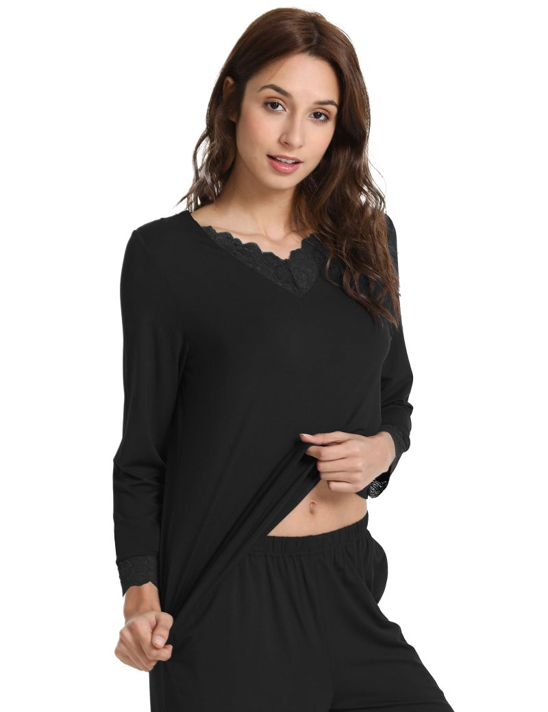 GYS Women's Pajama Sets Viscose from Bamboo Lace Trim Long Sleeve Sleepwear Soft Pjs Lounge Sets with Pockets, Black, Large - Image 3